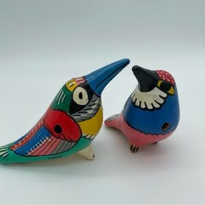 Pair of Colorful Mexican Folk Ceramic Bird Whistle Figurines